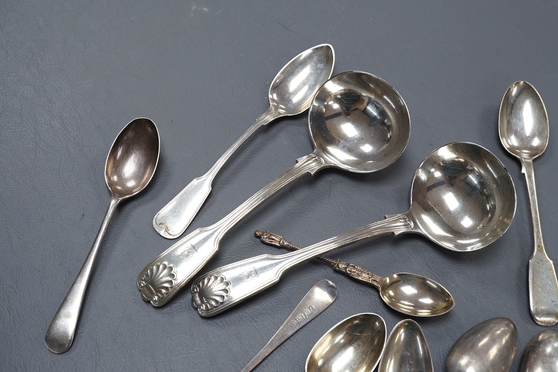 A small quantity of assorted 19th century and later flatware, various dates and makers, 15.3oz